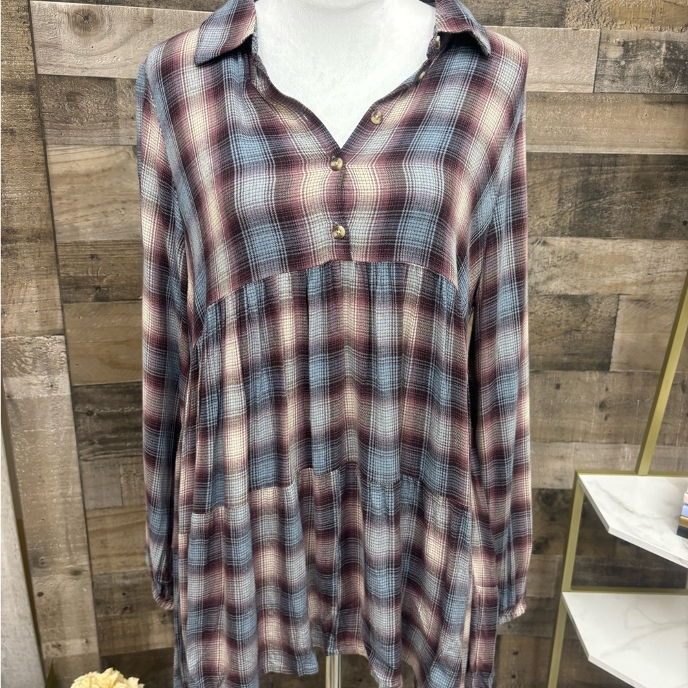 Lucky Brand Lt Blue & Burgundy Flannel Plaid Tunic